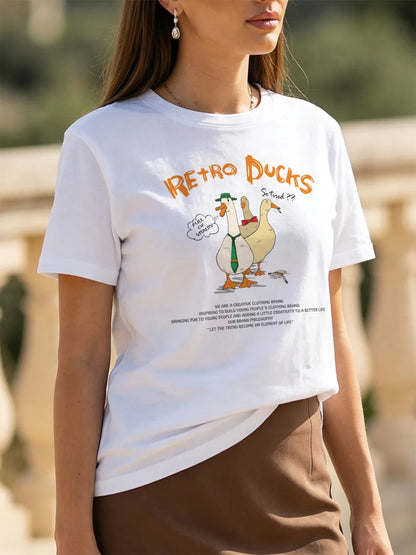 Women's Casual White Cute Duck Print Short Sleeved Tee
