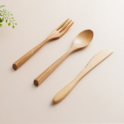 3-Piece Creative Beech Wood Cutlery Set - Natural Wooden Knife, Fork, and Spoon