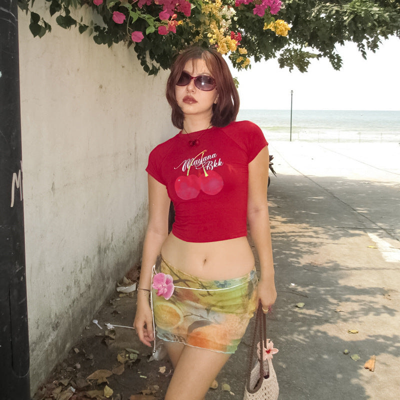 Cherry Graphic Shoulder Sleeves Slim Fit Crop T-Shirt | Exposed Navel Versatile Top