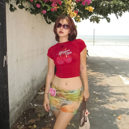 Cherry Graphic Shoulder Sleeves Slim Fit Crop T-Shirt | Exposed Navel Versatile Top