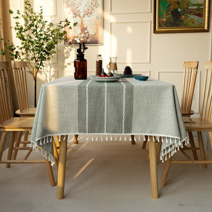 Nordic Jacquard Cotton Linen Tablecloth – Elegant Pink Long Stripe Table Cover with Decorative Tassels