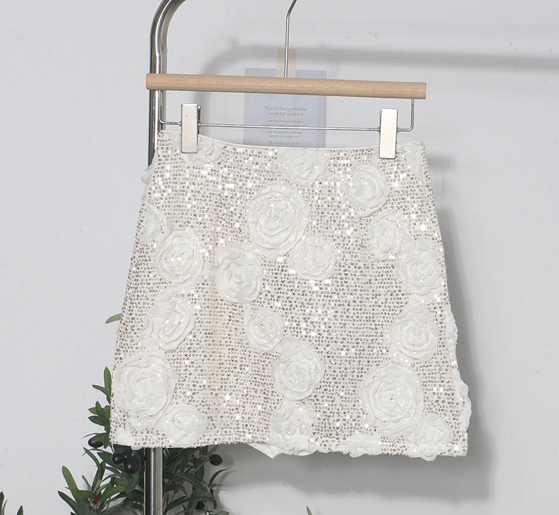 Glamorous White 3D Flower Sequin Mini Skirt - Elegant Floral Wrapped Hip Skirt