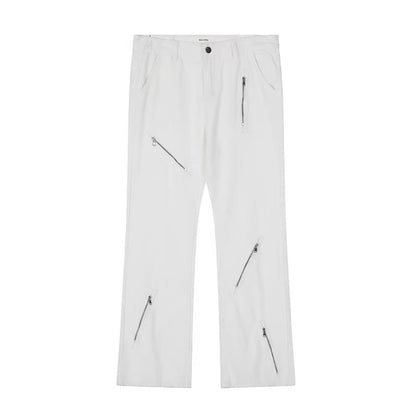 Trendy Multi-Zipper Flared Denim Pants - Cool Streetwear Loose Fit Black Trousers