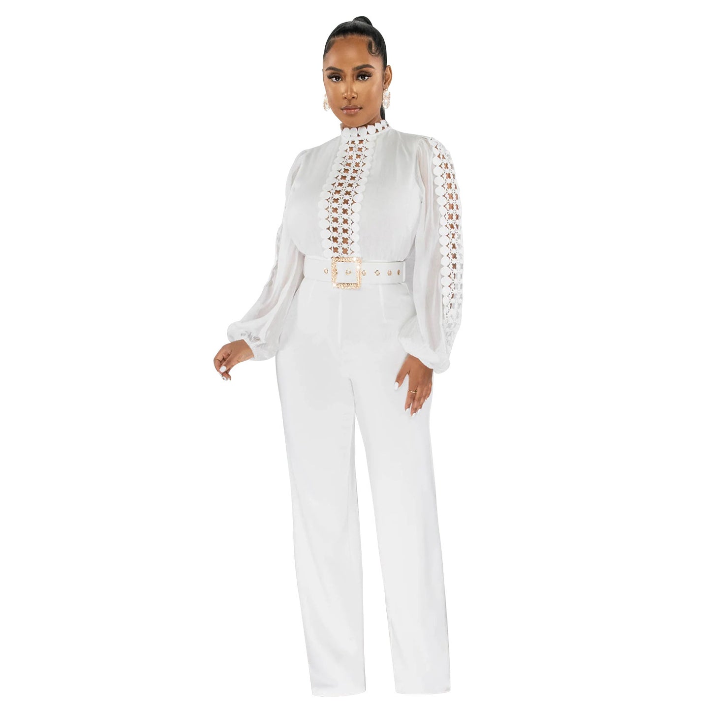 Chic Solid Color Long Sleeve Belted Jumpsuit - Elegant Ruffle Cut-out Party Trousers