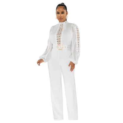 Chic Solid Color Long Sleeve Belted Jumpsuit - Elegant Ruffle Cut-out Party Trousers