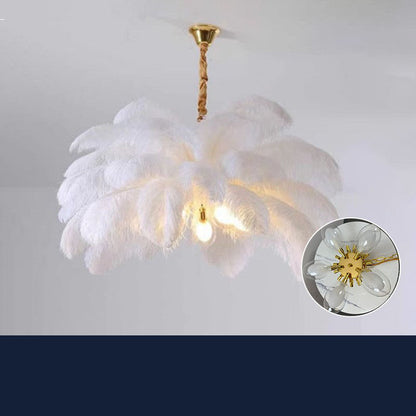 Elegant White Ostrich Feather Chandelier - Luxury Pendant Light for Living Room & Romantic Bedroom Decor