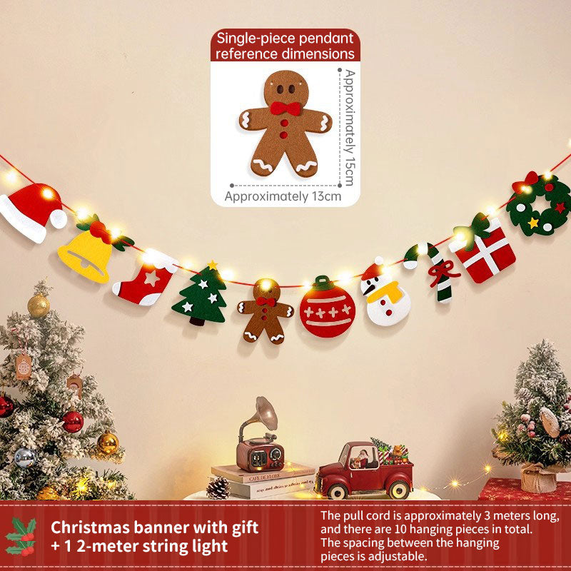 Handmade Christmas Pull String Flag Banner with LED String Lights