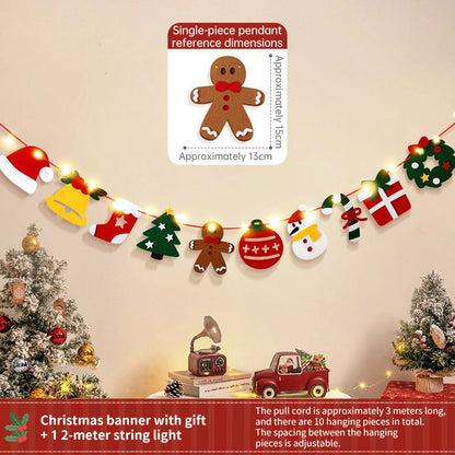 Handmade Christmas Pull String Flag Banner with LED String Lights