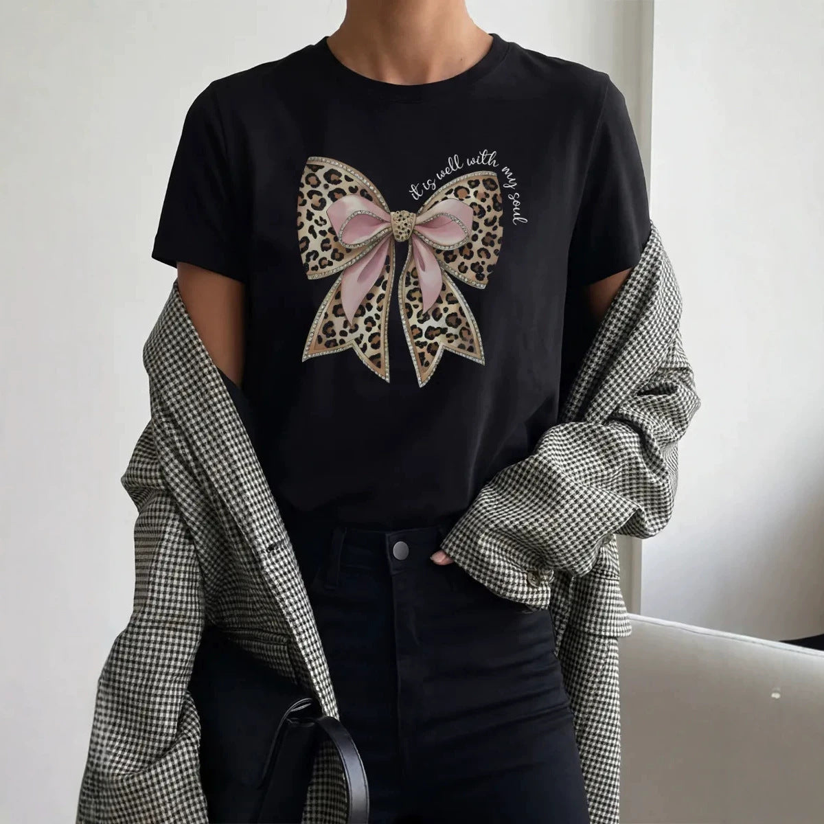 Women's "It Is Well With My Soul" Leopard Bow Short Sleeved Tee