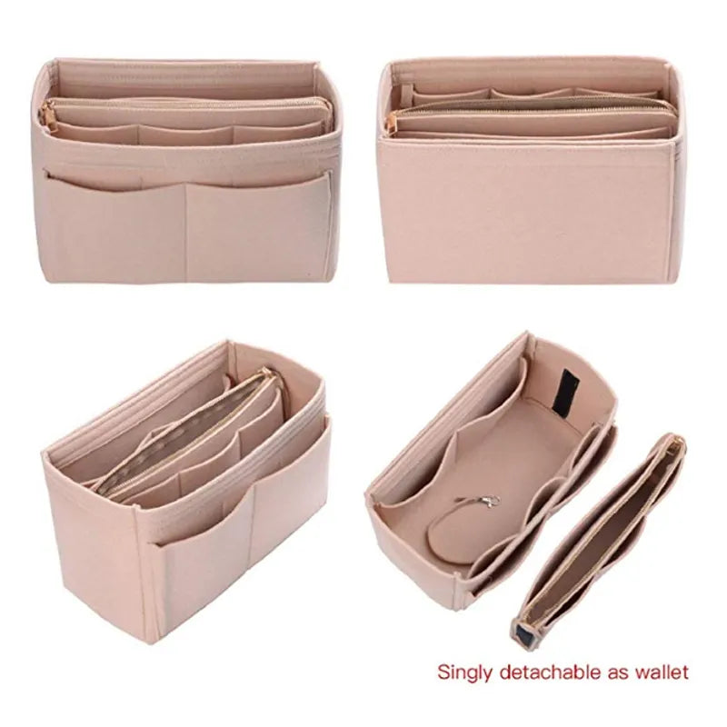 Multi-Pocket Women's Makeup Bag – Felt Purse Organizer Insert for Handbags