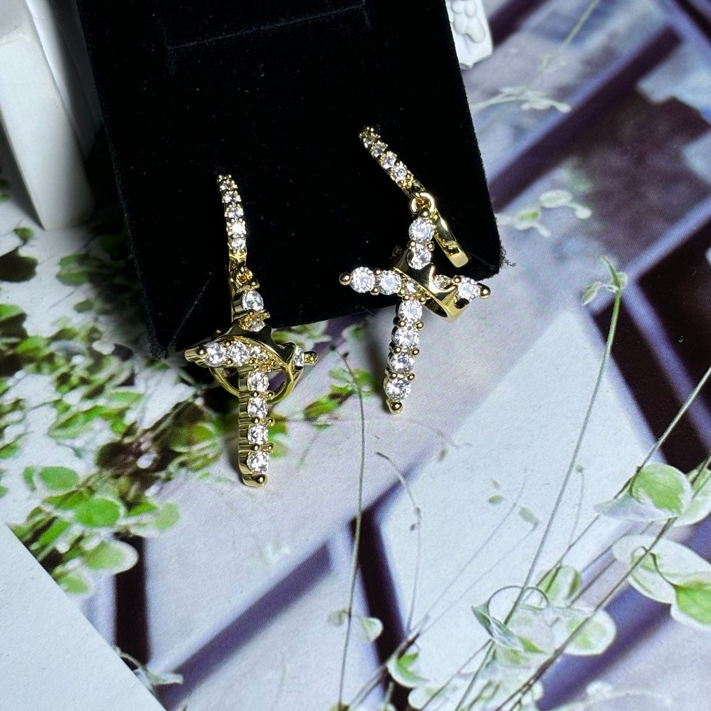 Gold Tone Zircon Pave Cross Dangle Hoop Earrings