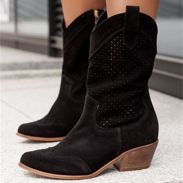 Women's Mid Heeled Suede Low Cut Ankle Boots (Perforated Design)