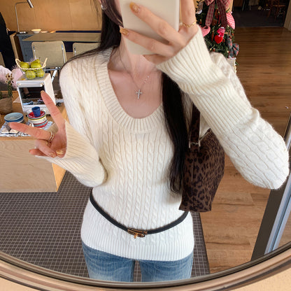 Trendy Gray Cable Knit V-Neck Sweater - Slim Fit Long Sleeve Top for Women