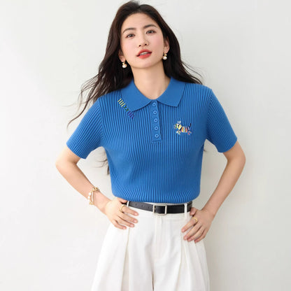 Women's Slim Fit Blue Polo Knit Shirt - Embroidered Short Sleeve Top
