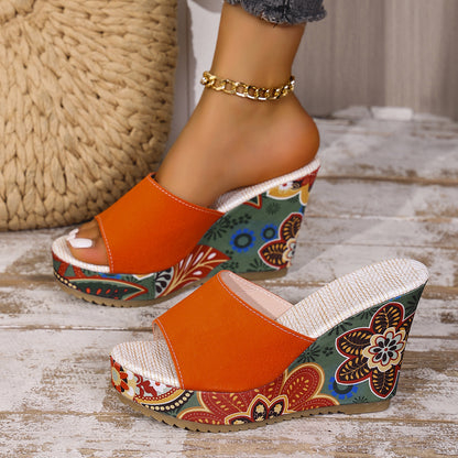 Women's Vintage Patterned Wedge Sandals - Thick Sole Open Toe Slides