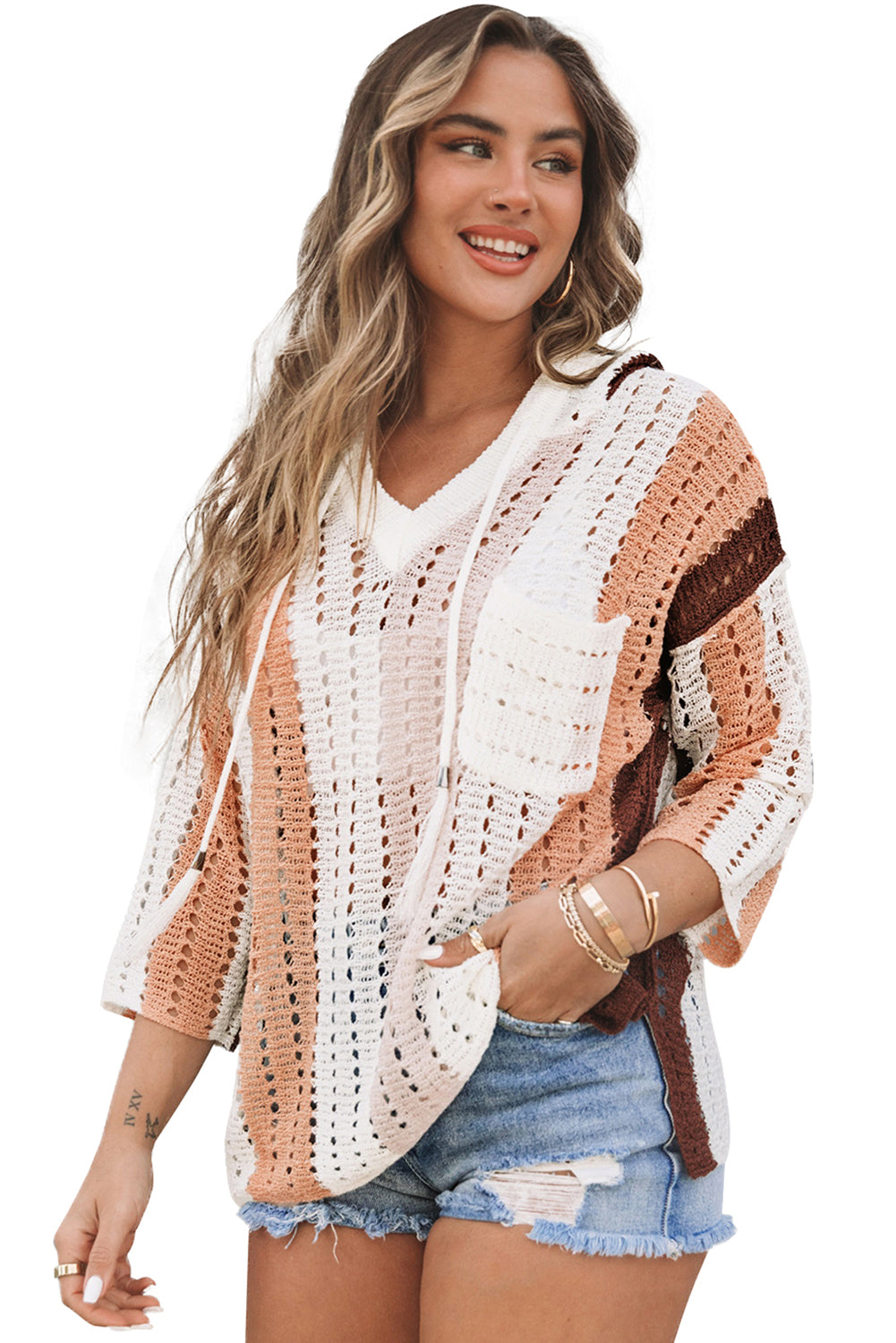 Chic Colorblock Striped Hooded Sweater - Boho Cut Out Knit Pullover