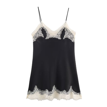 Luxury Lace Trim Satin Cami Top – Chic Color Blocked Sleeveless Silk-Textured Tank for Women