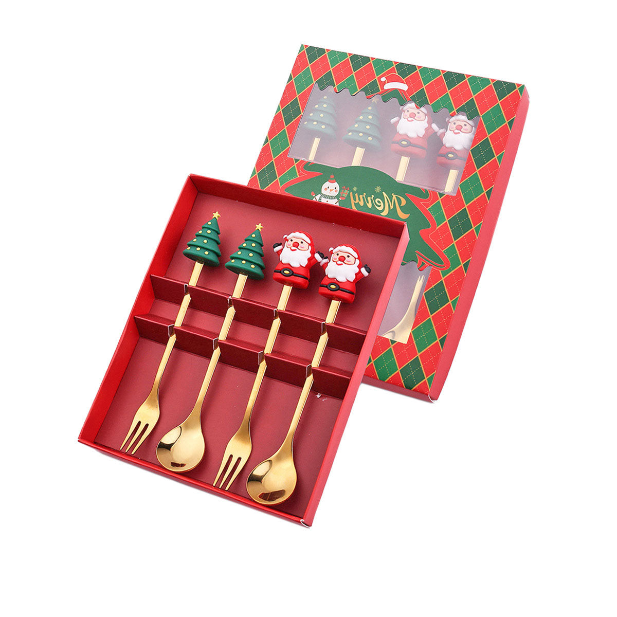 Luxury Christmas Gift Tableware Set - Gold Stainless Steel Coffee Spoon & Dessert Fork with Festive Cartoon Handles (Set of 4)