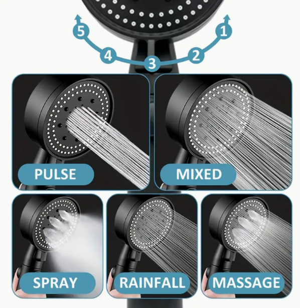 5-Mode High-Pressure Rainfall Shower Head – 360° Adjustable Detachable Hydro Jet with Stop Button