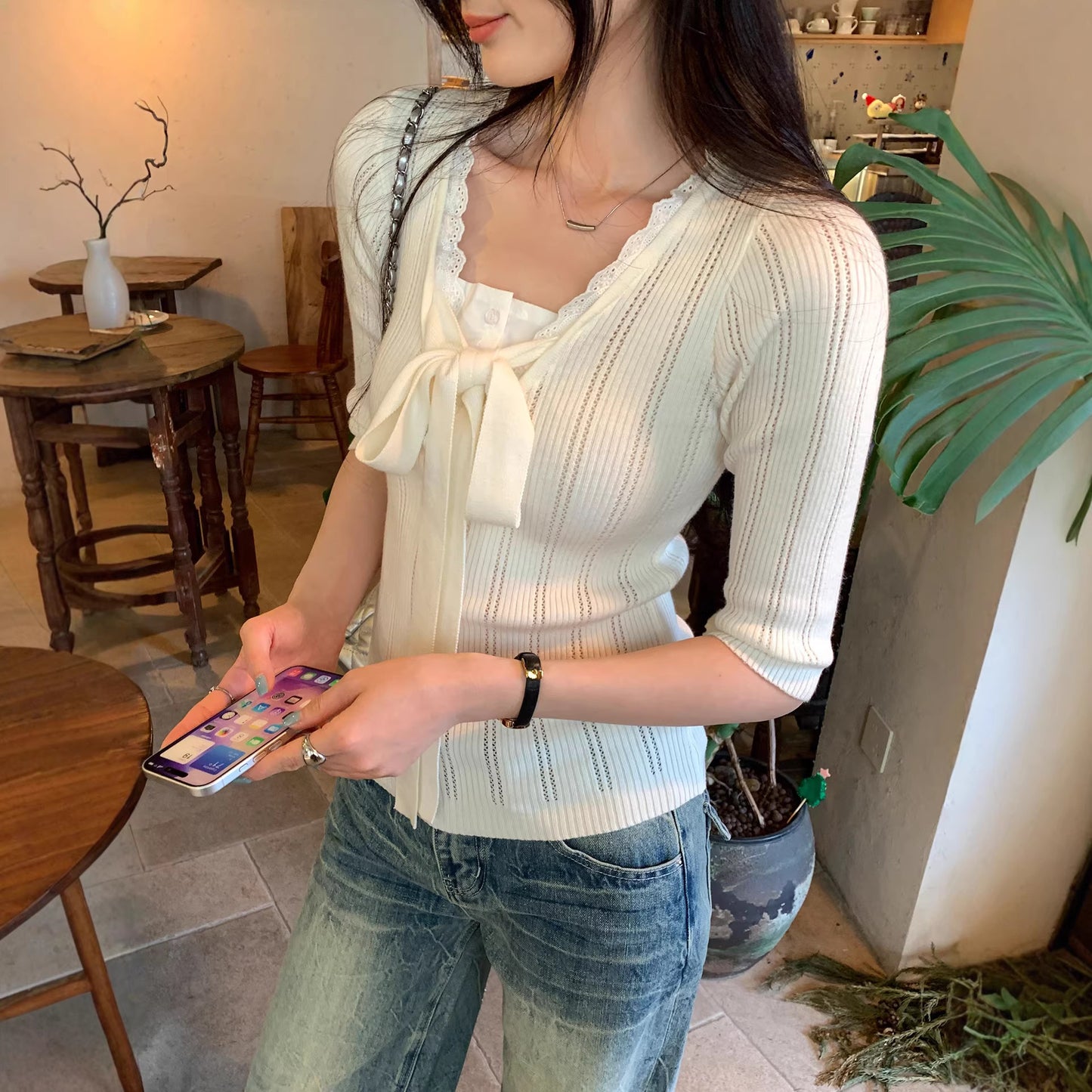 Elegant Lace Spliced Mock Two-Piece Knitted Top – Chic Knotted Fall Sweater for Women