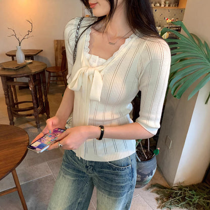 Elegant Lace Spliced Mock Two-Piece Knitted Top – Chic Knotted Fall Sweater for Women