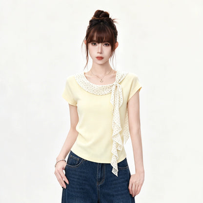 Women's Elegant Pleated Waist Cinched T-Shirt with Ruffle Polka Dot Collar
