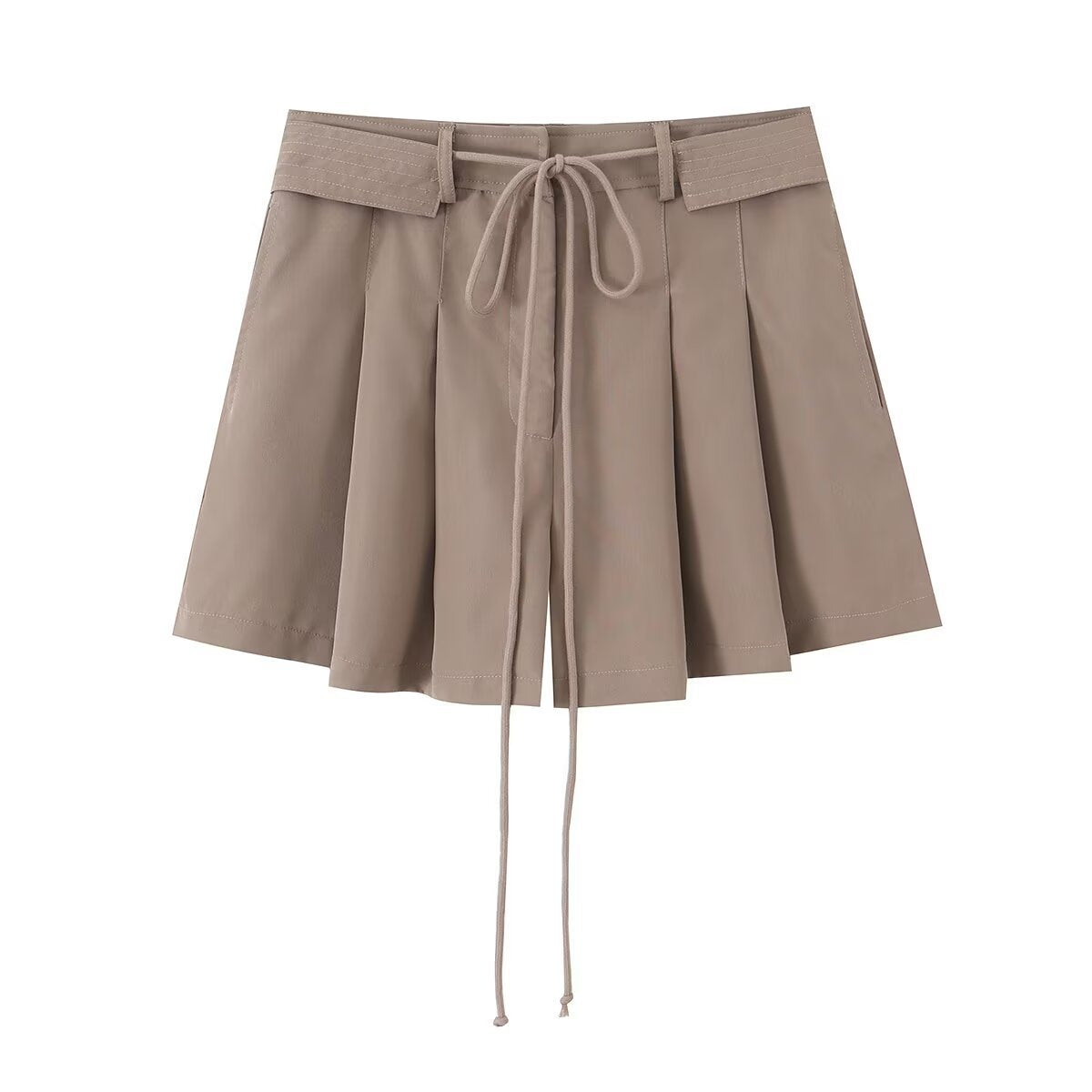 French Style Pleated High-Waisted Shorts with Drawstring Waist Belt