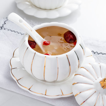 Creative Ceramic Pumpkin Soup Bowl with Lid and Saucer Set