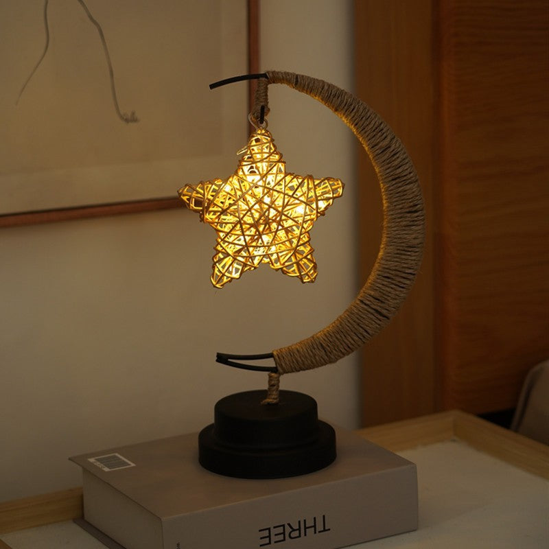 LED Star in Moon Night Light with Hemp Rope and Iron Art Base