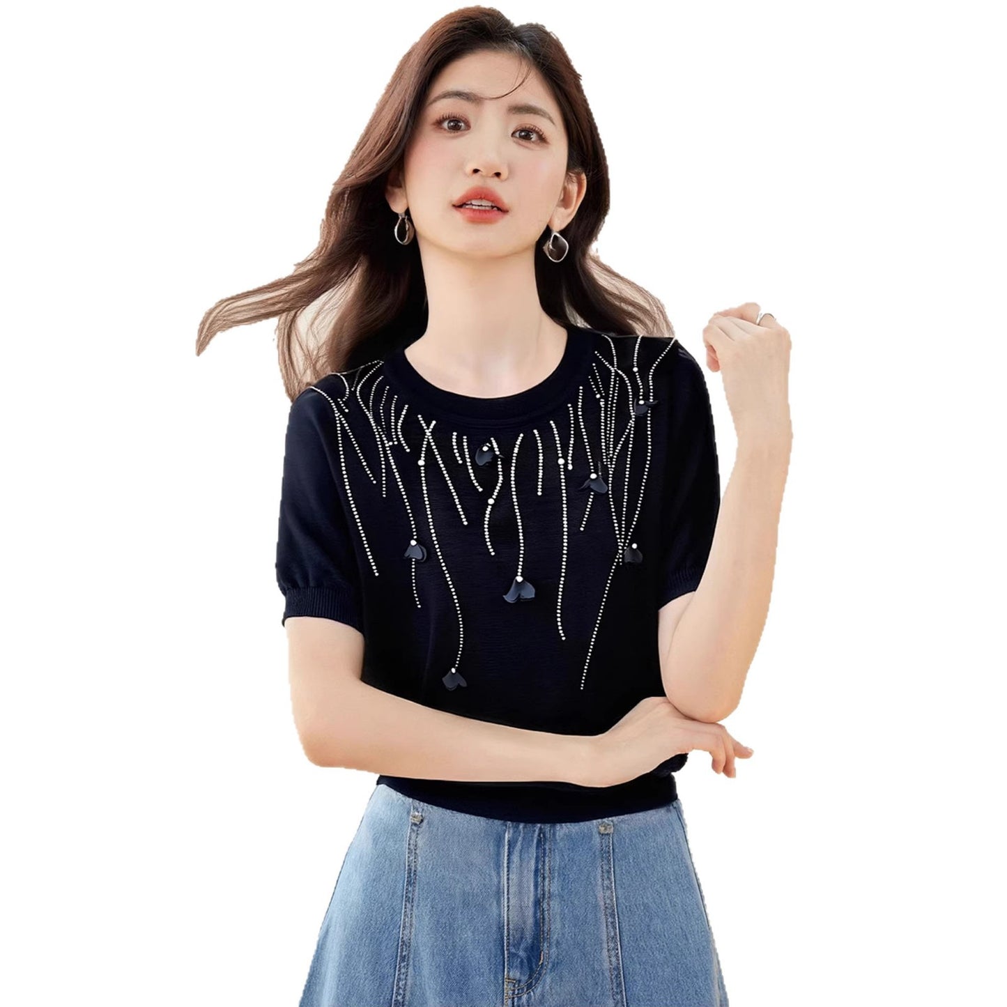 Chic Embellished Sequin Beaded Knit Top - Round Neck Office Casual Style