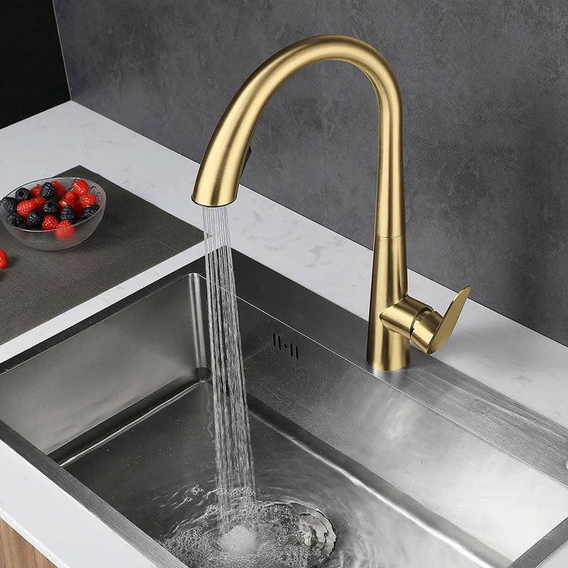Polished Gold 304 Stainless Steel Kitchen Faucet with Pull-Down Sprayer