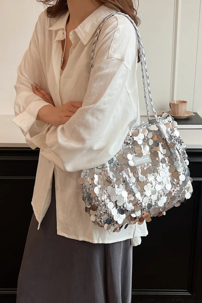 Sparkly Silver Sequin Bag with Braided Shoulder Strap (Hobo Style)