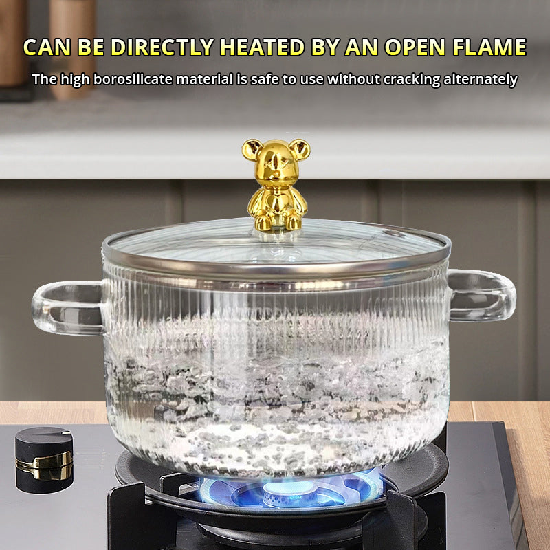 Heat-Resistant Borosilicate Glass Soup Pot with Bear Handle Lid - Flame-Safe Instant Noodle Bowl & Salad Pot with Handles