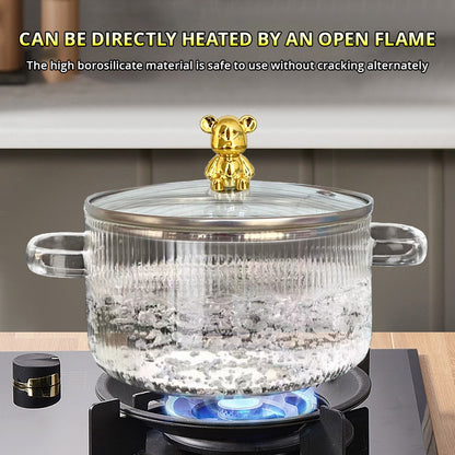 Heat-Resistant Borosilicate Glass Soup Pot with Bear Handle Lid - Flame-Safe Instant Noodle Bowl & Salad Pot with Handles