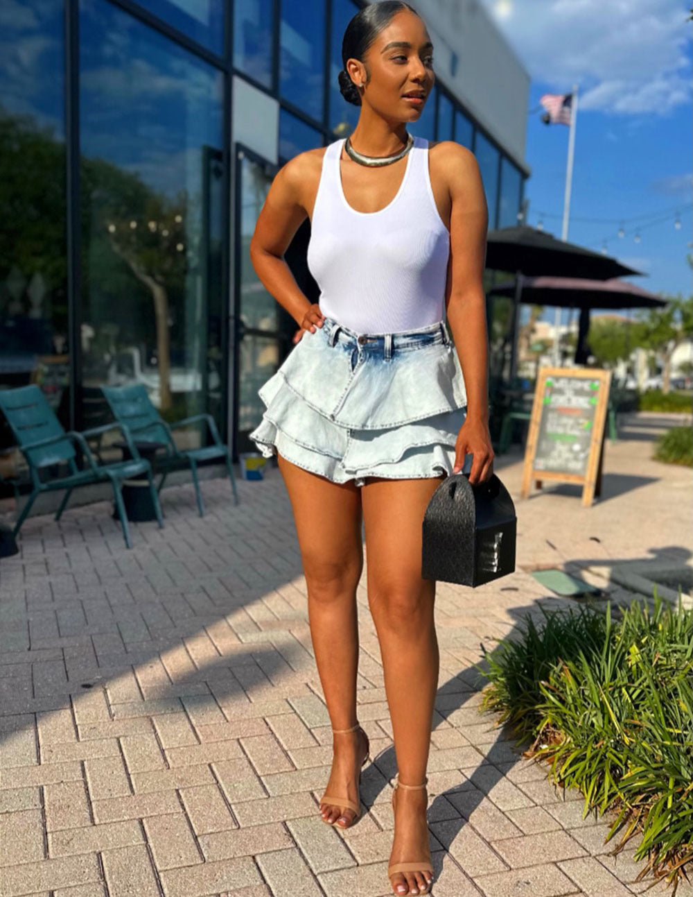 High-Waisted Denim Ruffle Mini Skirt - Fashion Irregular Skirt for Women