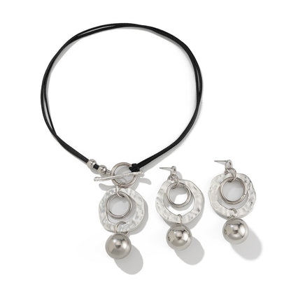 Geometric Circle Pendant Necklace & Earring Set with Black Cord