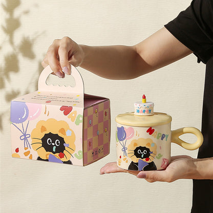 Adorable Cartoon Cat Birthday Ceramic Mug with Lid and Gift Box