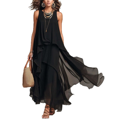 Elegant Layered Loose Black Chiffon Dress - Casual Summer Holiday Long Dress