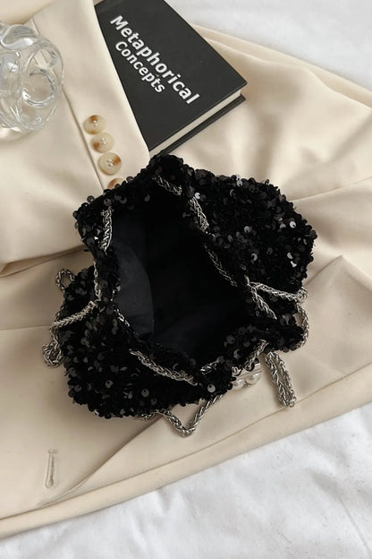 Sparkling Sequin Drawstring Bucket Bag with Chain Strap