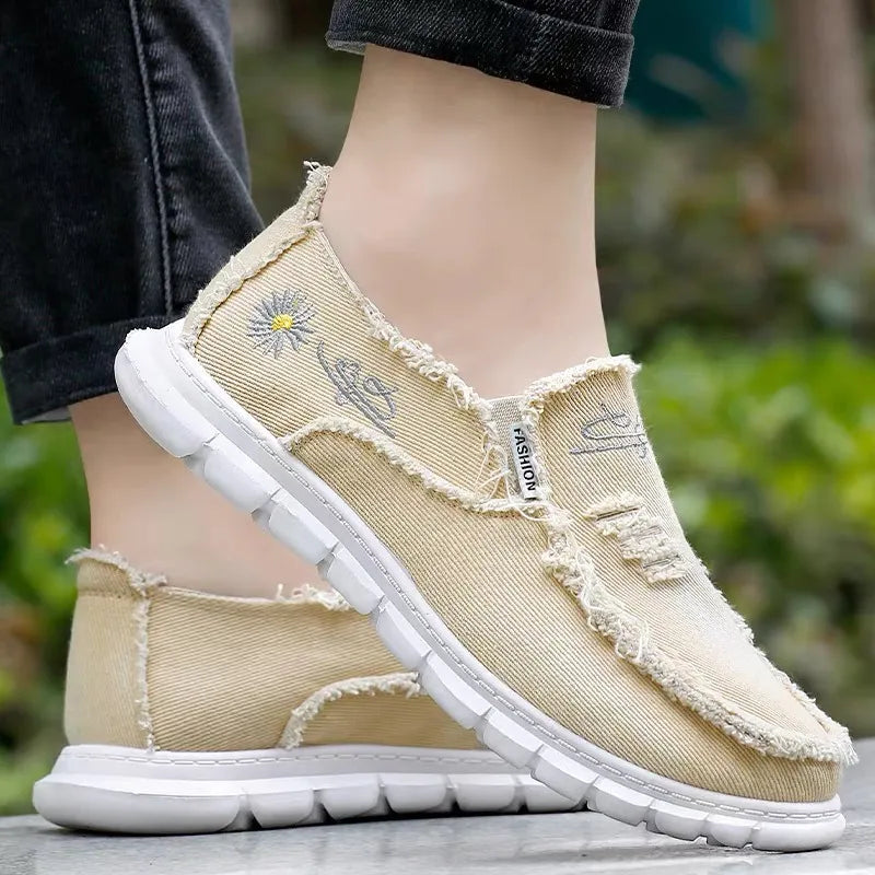Women's Raw Edge Canvas Slip-Ons - Comfortable Round Toe Embroidery Flat Shoes