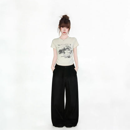 Summer Fashion Round Neck Fitted Tee - Retro Graphic Top for Women