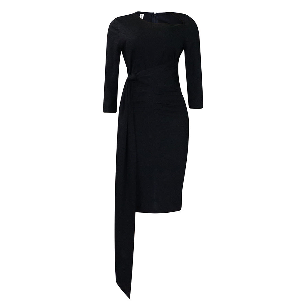 Elegant Black Professional Bodycon Dress - Slim Fit Ruched Waist Office Midi Skirt for Women