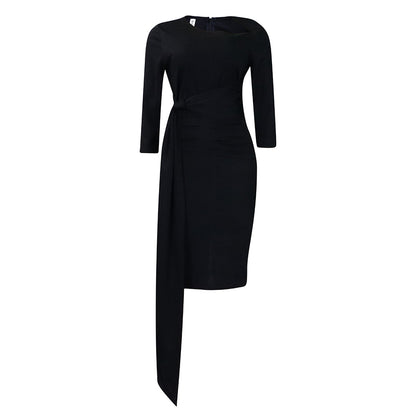 Elegant Black Professional Bodycon Dress - Slim Fit Ruched Waist Office Midi Skirt for Women