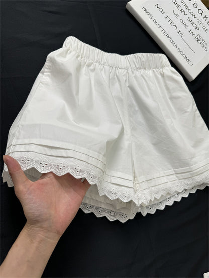 Elegant White Lace Trim Shorts for Women - High Waist Summer Beach Wear
