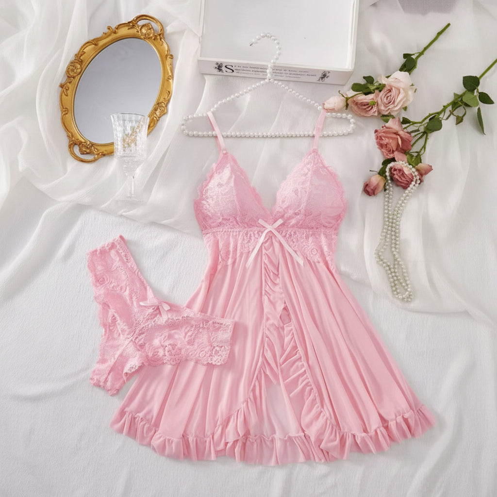 Elegant Sheer Ruffle Camisole Nightgown - Romantic Sleepwear Set