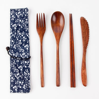 Japanese Style 3-Piece Portable Wooden Cutlery Set with Pouch