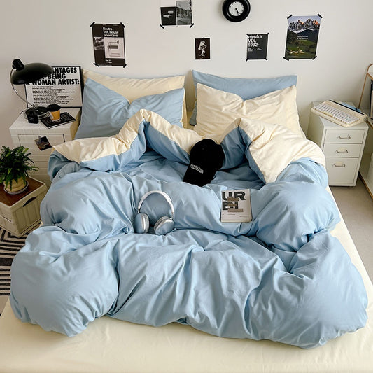 Premium Washed Cotton Double-Spliced Bedding Set – Soft Sky Blue & Cream 4-Piece Duvet Cover Set for Dormitory & Home