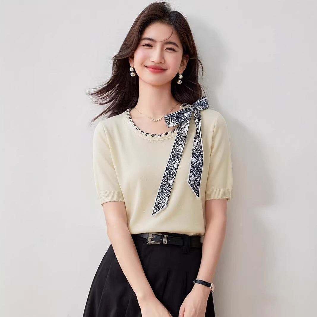 Elegant Bow Knotted Short Sleeve Knit Top - Summer Chic High-End Fashion