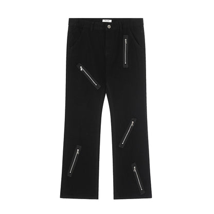 Trendy Multi-Zipper Flared Denim Pants - Cool Streetwear Loose Fit Black Trousers