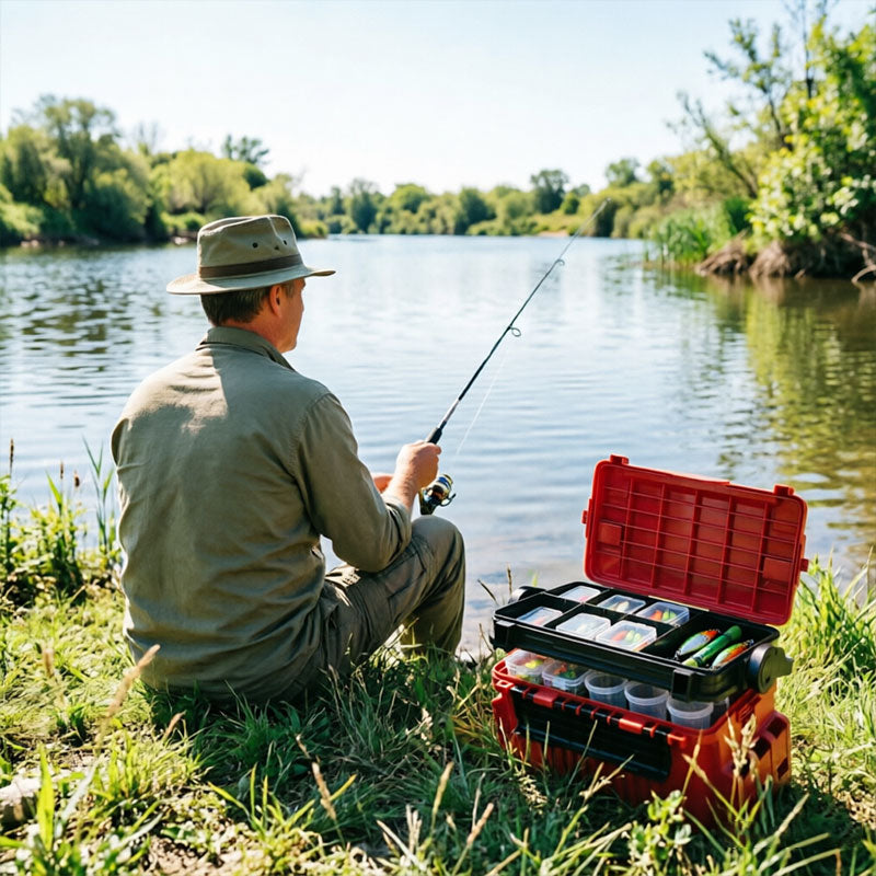 Portable 2-Layer Fishing Tackle Box with Rod & Cup Holder